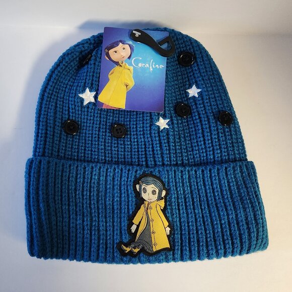 Laika Accessories - Coraline Beanie Hat Buttons And Stars Pattern Coraline Patch Blue One Size New
